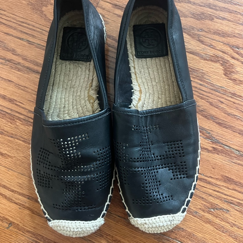 Tory Burch Black Leather Espadrille Flats